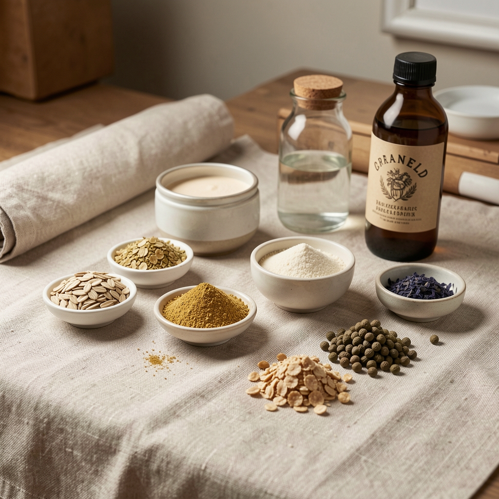 Oraneld studio workspace showing ingredient documentation folders, measuring equipment and supplement bottles arranged on a wooden desk