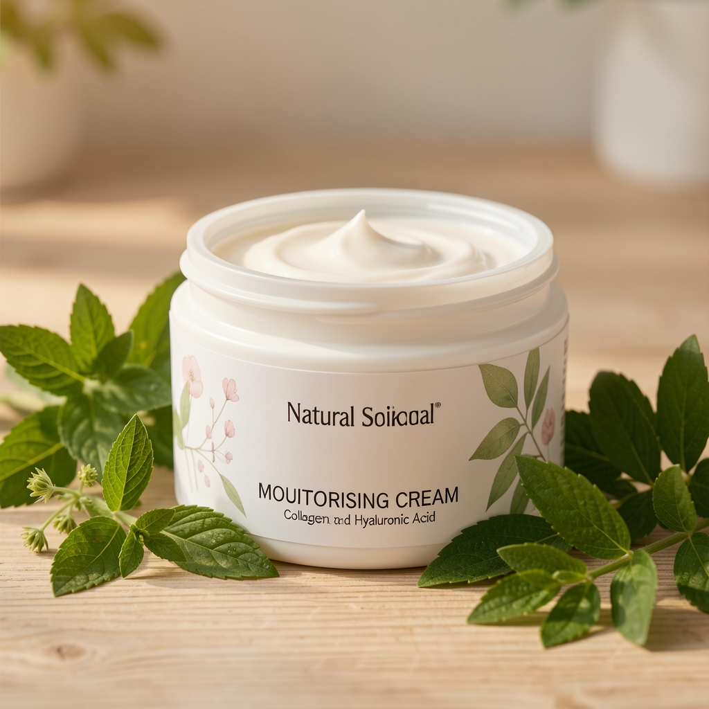 Natural skincare moisturising cream jar with collagen and hyaluronic acid label beside fresh botanical leaves