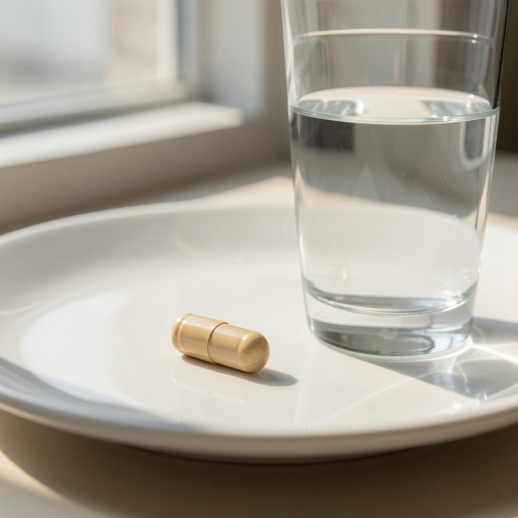 Single supplement capsule resting on a white ceramic surface next to a glass of water in morning light