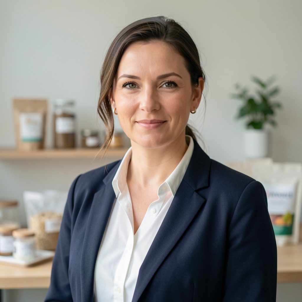 Editorial portrait of the Oraneld nutrition specialist standing in a minimalist workspace with ingredient reference materials