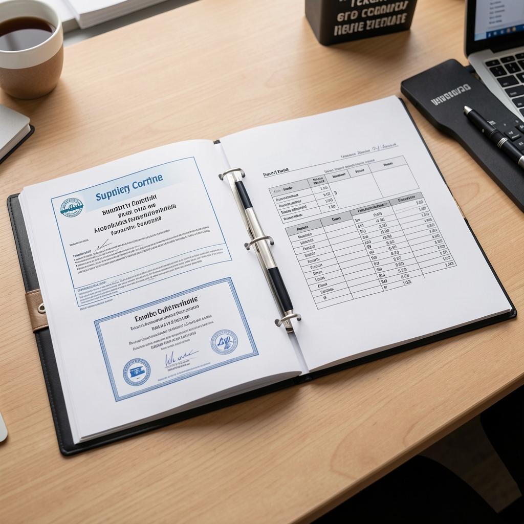 Quality-control documentation folder open on a desk showing supplier certificates and ingredient traceability records