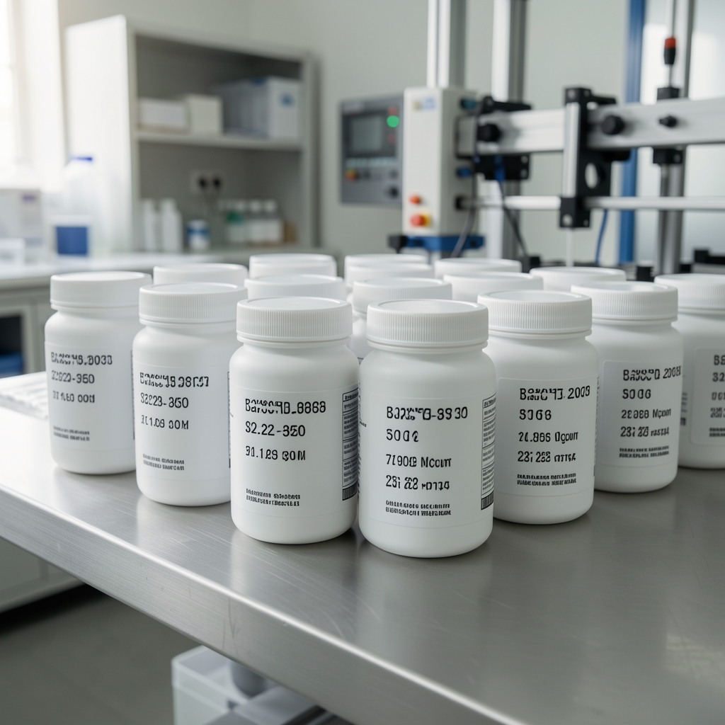 Supplement containers arranged in rows on a production bench showing printed batch code labels under bright workspace lighting