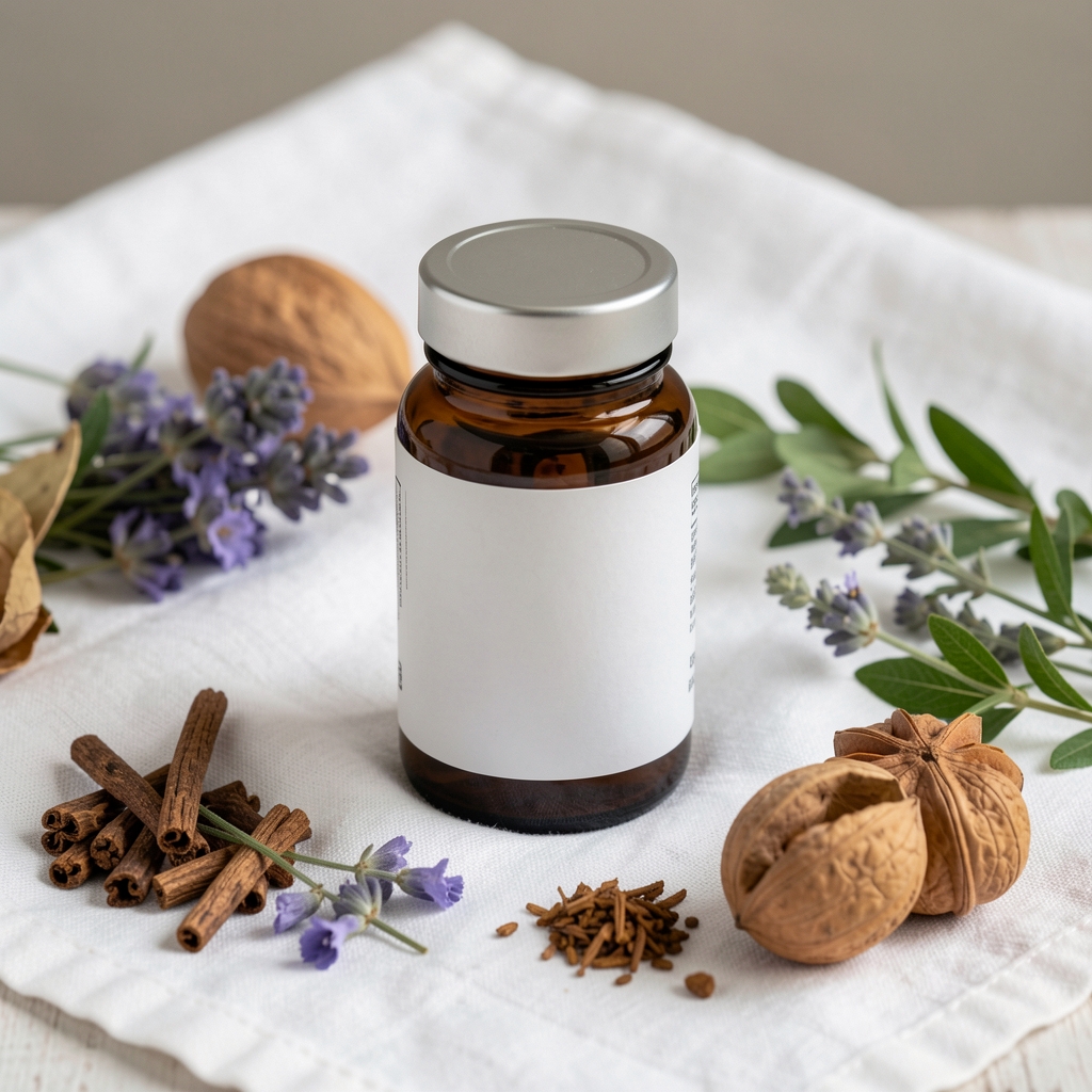 Oraneld Immune Support supplement bottle on a white linen cloth surrounded by botanical raw materials