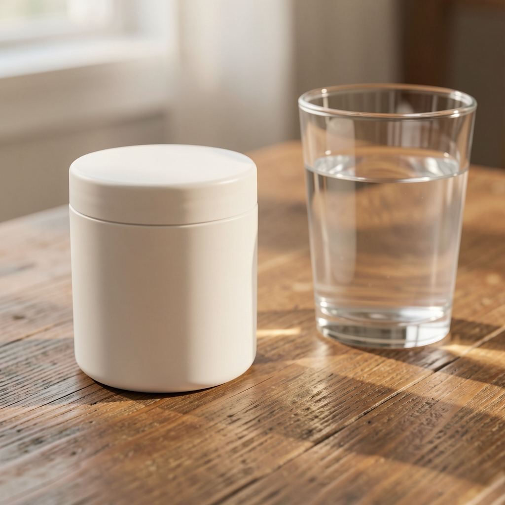 Oraneld Nutritional Support supplement in a matte white container on a wooden table beside a glass of water in soft morning light