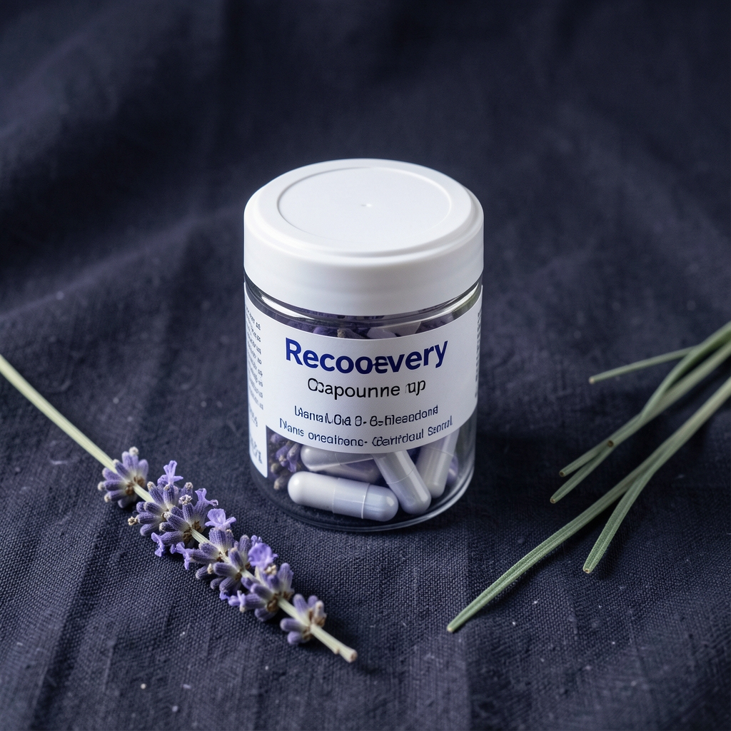 Oraneld Sleep and Recovery capsule container on a dark linen surface with a single dried lavender stem