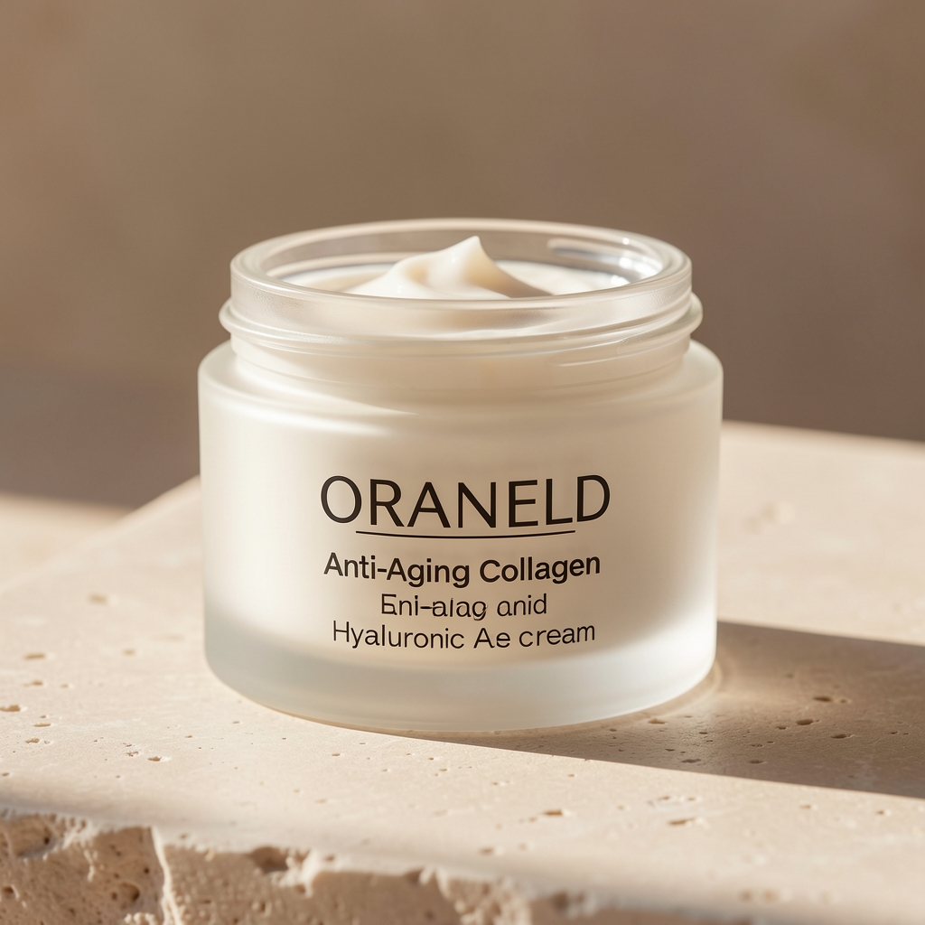 Oraneld anti-aging collagen and hyaluronic acid face cream in a frosted glass jar on a pale stone surface with morning light