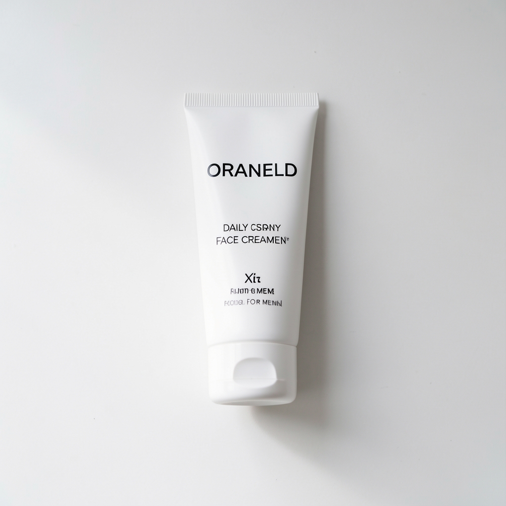 Oraneld daily moisturising face cream for men in a minimalist white tube on a white surface photographed from above